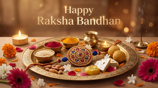 Decorative brass puja thali with traditional rakhi bracelet and sweets for indian festival celebration with displays festive brass platter adorned colorful powders