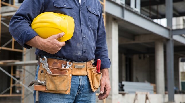Construction worker holding yellow hard hat on building site