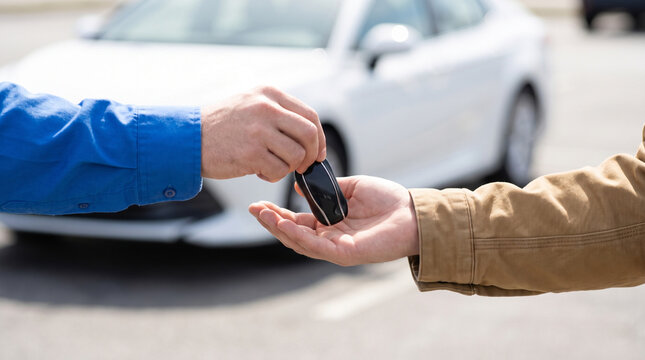 vehicle sale concept Person handing over car key fob to another person outdoors
