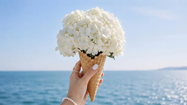 White Hydrangea Bouquet Waffle Cone Ocean Background Minimal Summer Floral Inspiration Collection