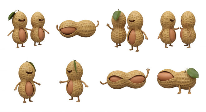 cartoon peanut characters in various poses isolated on white background suggesting concepts like nutrition fun or healthy snacks