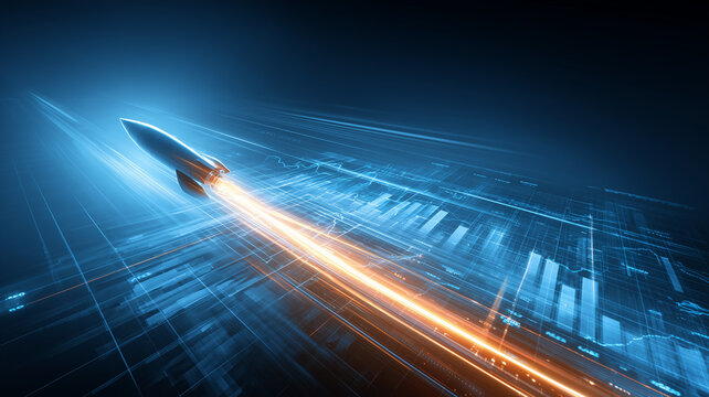 Rocket accelerating across financial charts representing rapid business growth and market performance
