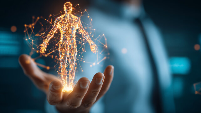 Doctor holding a holographic human body representing digital health assessment and advanced medical diagnostics
