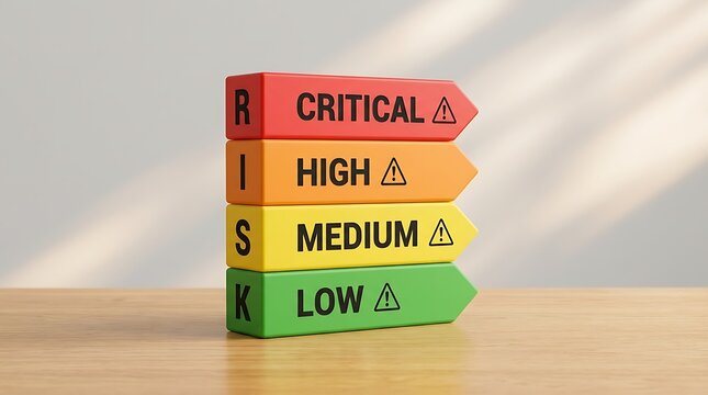 Priority risk assessment blocks on wooden table. Business urgency levels with critical, high, medium, and low labels for project management.