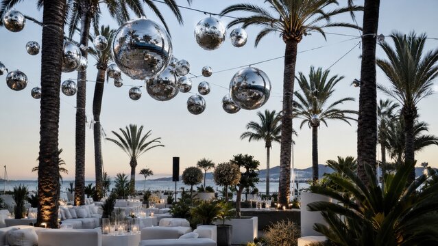 Luxury Beach Club Palm Trees Disco Balls Elegant Coastal Sunset Celebration Venue