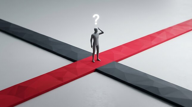 Businessman standing at crossroads with question mark. Confused male professional choosing direction at decision point intersection.