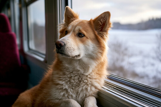 Fluffy dog looking out a train window at a snowy landscape