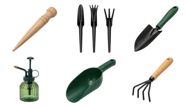 Collection of handheld gardening tools including a wooden dibber, three black bulb planters, a green-handled trowel, green scoop, glass plant mister and a wooden-handled cultivator