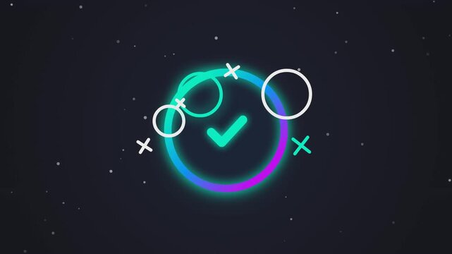Glowing checkmark symbol rotating with colorful circles in this abstract digital motion graphic animation design element