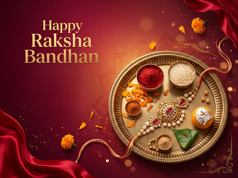 Traditional indian festival celebration featuring decorative bracelet and ritual offerings on a brass plate against maroon background with bracelet vermilion powder