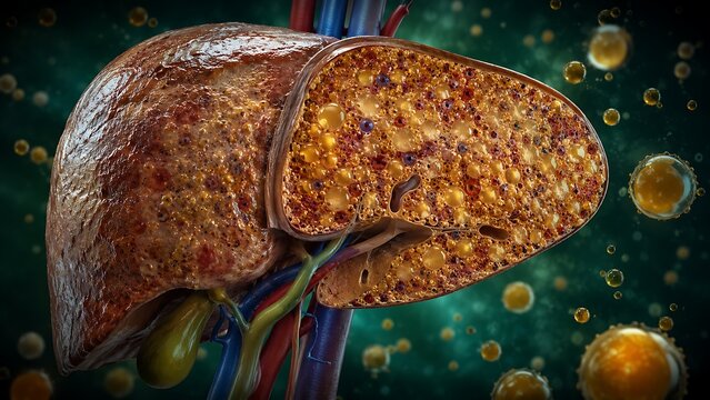 Metabolic Dysfunction-Associated Steatohepatitis (MASH) with Advanced Fatty Liver Inflammation, Hepatic Steatosis and Chronic Liver Disease, Medical Illustration