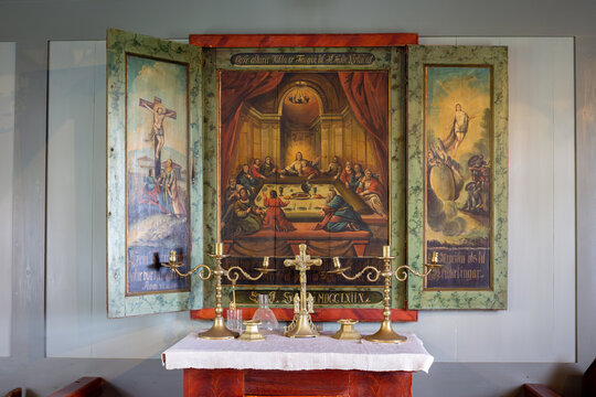Skogakirkja church altar triptych painting inside Skogar Museum Iceland