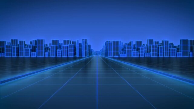 Futuristic Abstract Neon City Grid with Slow Forward Camera Movement, Blue Digital Technology Background 4K