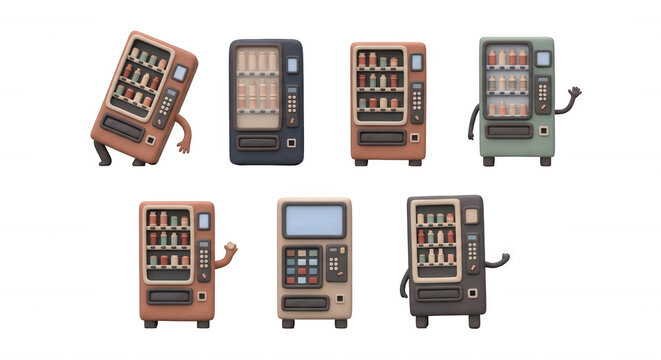 animated vending machines in a row with various colors and expressions against a white background illustration