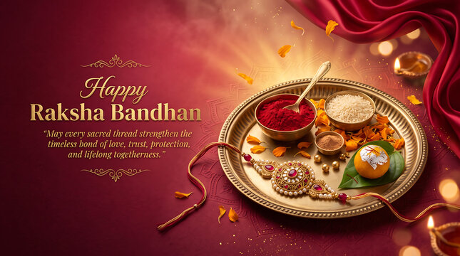 Decorative brass tray featuring traditional rakhi bracelet and ceremonial ingredients for indian festival celebration with sweets against deep red background