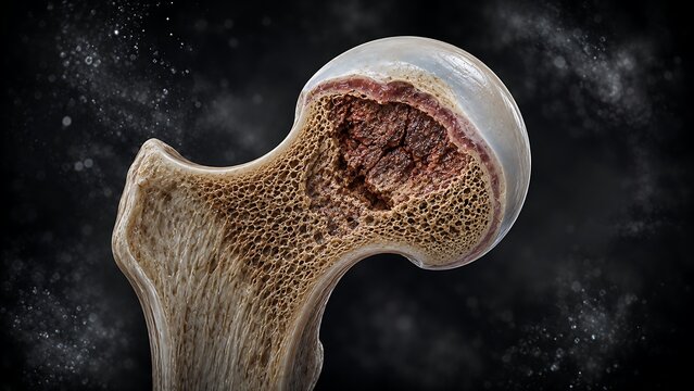 Advanced Osteoporosis with Severe Trabecular Bone Loss, Porous Human Femoral Head and Reduced Bone Mineral Density, Medical Illustration