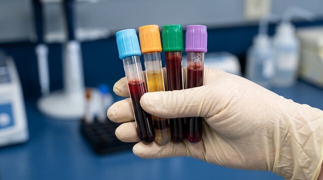 Gloved hand holding four medical blood collection tubes with different colored caps in a diagnostic laboratory setting