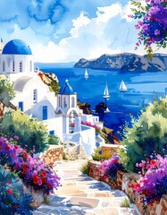 Obraz premium A breathtaking watercolor painting of Santorini, Greece, featuring iconic whitewashed buildings with brilliant blue domes overlooking the sparkling Aegean Sea.