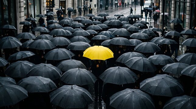 Large crowd of people walking with umbrellas in heavy rain. Business professionals commuting during downpour in urban city street.