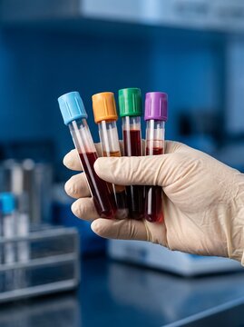 Medical professional holding multiple blood collection tubes with colorful caps in a modern clinical laboratory