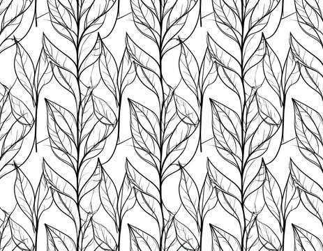 A seamless repeating botanical pattern featuring elegant leafy branches with elongated oval leaves arranged in evenly spaced vertical columns.