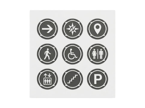 Universal navigation symbols and icons displayed on signage panel for directional guidance