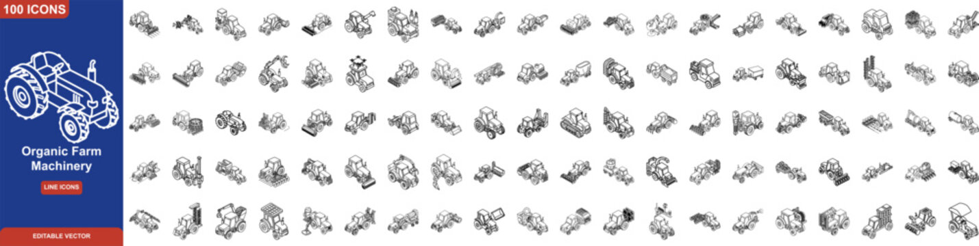 Organic Farm Tractor Icon Set Line Style. Including Machinery for Harvesting, Planting, Weeding, Sustainable Agriculture, and Regenerative Soil Management