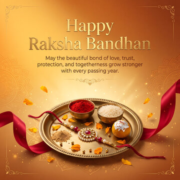 Golden platter featuring traditional rakhi bracelet with vermilion rice and sweet treats celebrating cultural festival with sweet confection amidst golden lighting