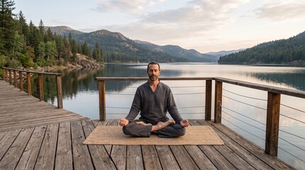 Fototapeta premium Man meditating peacefully on a wooden deck by a serene lake surrounded by mountains and pine trees