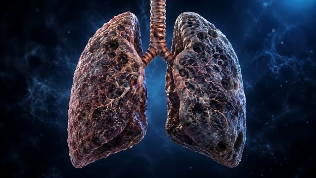 Pulmonary Fibrosis with Progressive Lung Scarring, Fibrotic Human Lungs and Chronic Interstitial Lung Disease, Medical Illustration