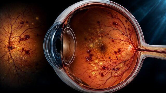 Diabetic Retinopathy with Retinal Hemorrhages, Microaneurysms and Macular Edema, Human Eye Cross Section and Fundus View, Ophthalmology Medical Illustration