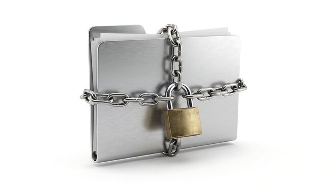 Secure metal document folder wrapped in heavy steel chains and locked with a solid brass padlock