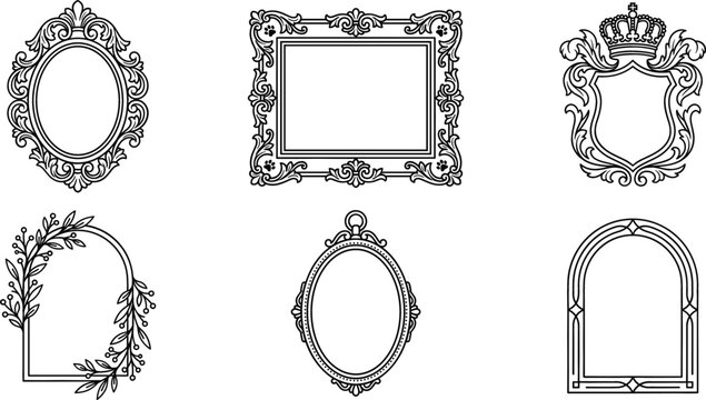 A collection of vintage decorative frames featuring intricate floral patterns and ornate baroque style borders isolated on a plain white background for design