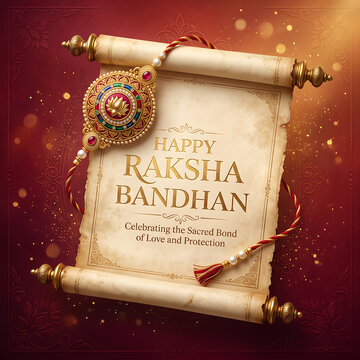 Ornamental rakhi bracelet resting upon an ancient parchment scroll celebrating traditional indian festive cultural heritage with encrusted bracelet placed