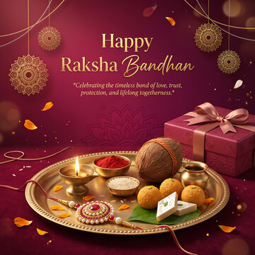 Elegant raksha bandhan celebration greeting featuring decorative puja thali with traditional sweets with vermilion decorative wristband platter holding traditional