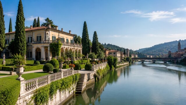 Elegant Riverside Villa Historic Gardens Cypress Trees Tranquil Italian Countryside Estate Landscape