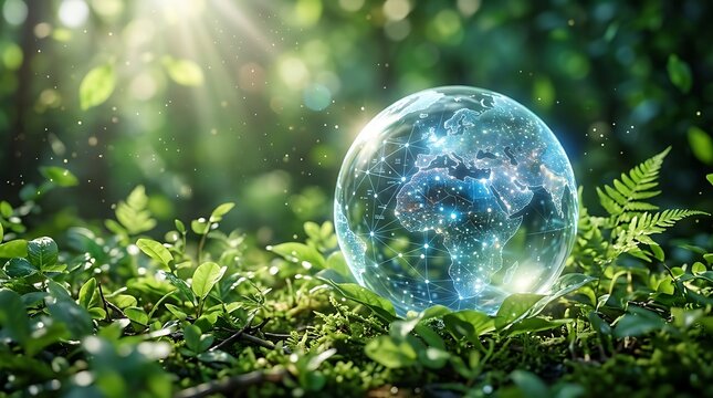Crystal ball glowing with earth map in enchanted forest. Mystical orb showing global continents under golden sunlight rays.