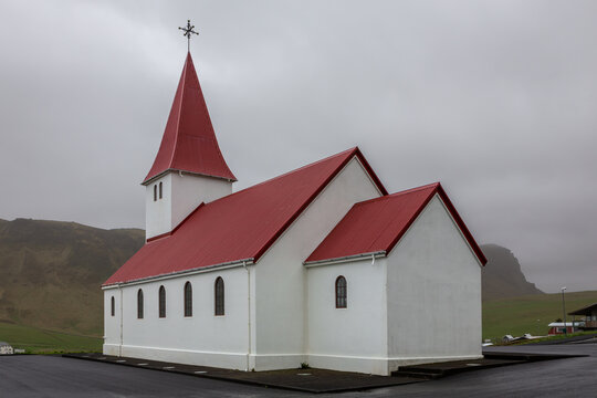 Reyniskirkja church with red roof in Vik i Myrdal Iceland