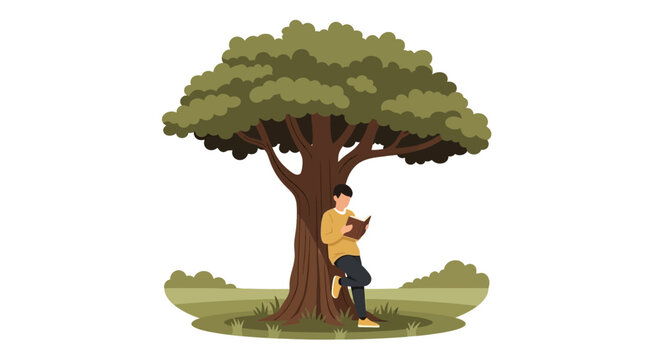 Flat Vector Illustration of a Young Man Leaning Against a Large Oak Tree and Reading a Book, Educational and Lifestyle Concept Isolated on White Background