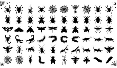Fototapeta premium Halloween Insect Set Black Silhouette Creepy Bug Vector Collection