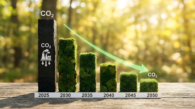 CO2 emissions reduction chart with wooden blocks. Sustainable growth and carbon footprint decline over years in eco-friendly business concept.