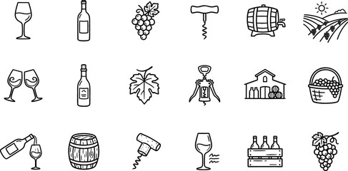 Obraz premium A collection of various wine related icons featuring bottles glasses grapes corkscrews barrels and winery equipment in a simple black line art style