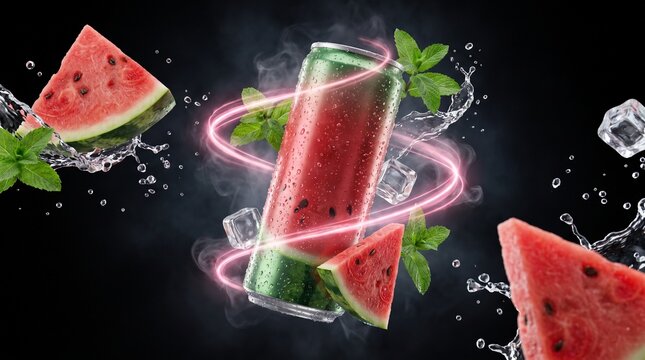 Refreshing watermelon energy drink with mint and ice, showcasing a vibrant blast of summer flavor with a cool, invigorating effect