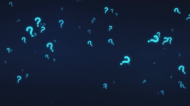 Glowing blue question marks floating in dark space creating abstract digital motion video animation background effect
