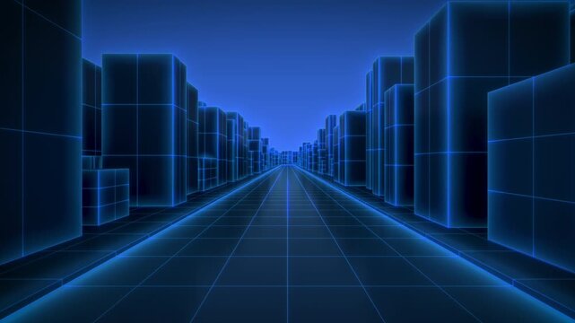 Futuristic Abstract Neon City Grid with Fast Forward Camera Movement, Blue Technology Background 4K