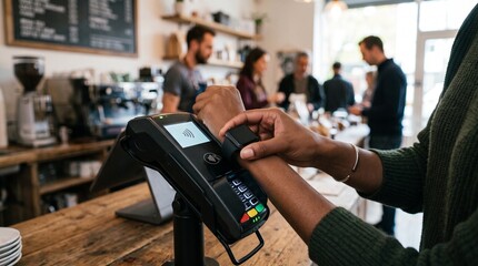 Fototapeta premium Customer paying with smartwatch at coffee shop counter using contactless payment terminal
