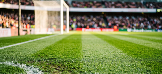 Green grass of soccer field with blurred stadium background © Tran