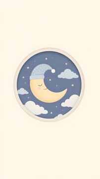 mobile wallpaper of A simple round window revealing a sleepy crescent moon wearing a tiny nightcap, surrounded by a few floating clouds and miniature stars, light cream background
