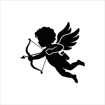 Cupid silhouette with bow and arrow. Flying cherub icon for Valentine Day design.