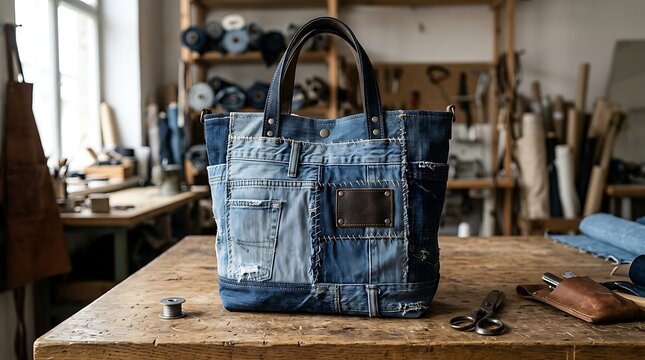 Handcrafted denim patchwork tote bag on a wooden workshop table